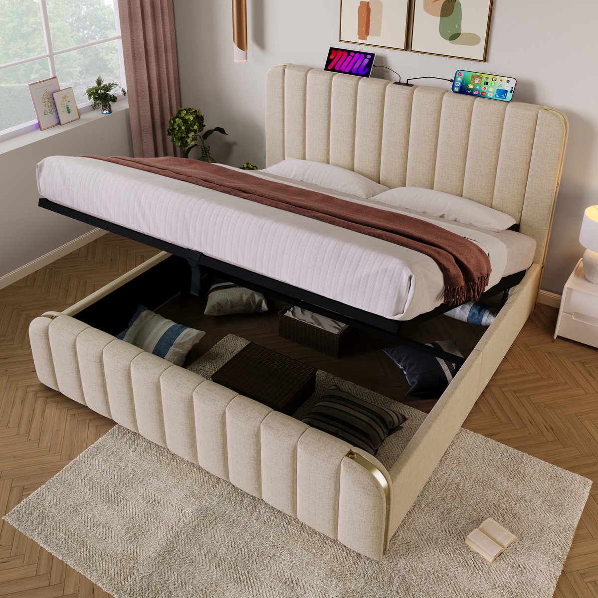 OKWISH Gestoffeerd Bed 180x200 cm - Met USB En Type C Oplaadpunt - Hydraulische Opbergruimte - Tweepersoons - Linnenlook Stof - Beige - Met Matras