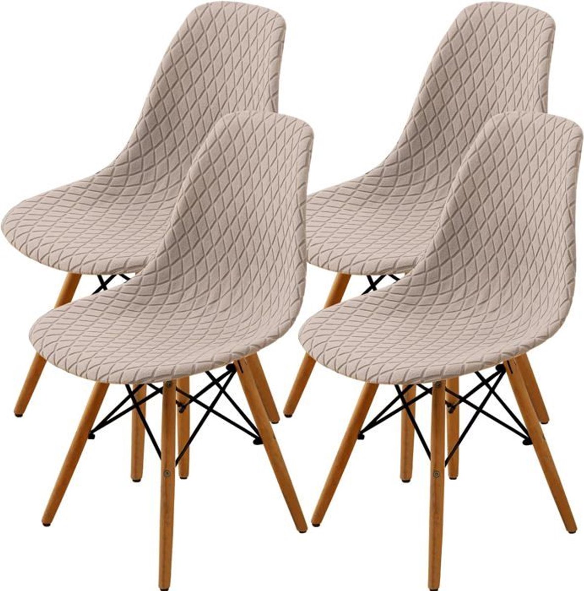 Een set van 4 stretch stoelhoezen in Scandinavische stijl met een ruitvormig jacquardpatroon – beige (zandkleurig)