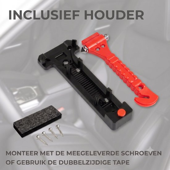 Rode veiligheidshamer en zwarte houder, met schroeven en een stukje schuim.