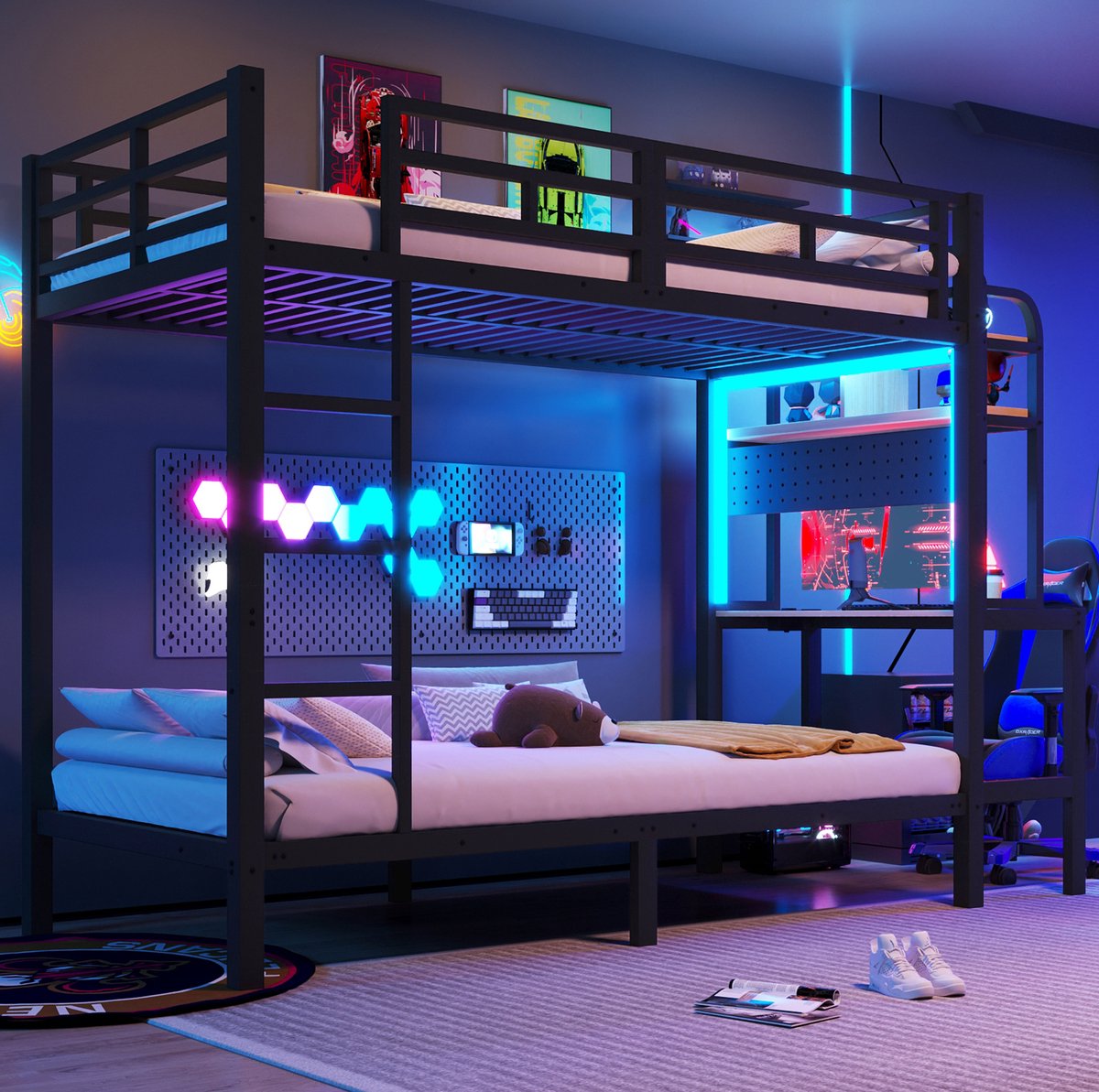 OKWISH Stapelbed 90 x 200 cm - Met Bureau en Opbergrekken - Led-Lichtstrip en Usb-Aansluiting - Met Veiligheidshekken en Ladder - Zonder Matras - Zwart
