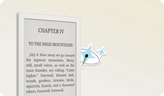 Close-up van een BOOX e-reader-scherm met tekst 'CHAPTER IV TO THE HIGH MOUNTAINS'.