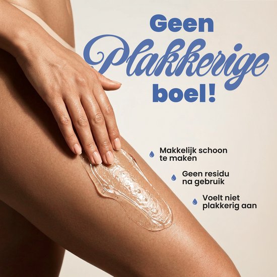 Vrouw dij met transparante gel. "Geen plakkerige boel!" en "Voelt niet plakkerig aan". Makkelijk schoon te maken.