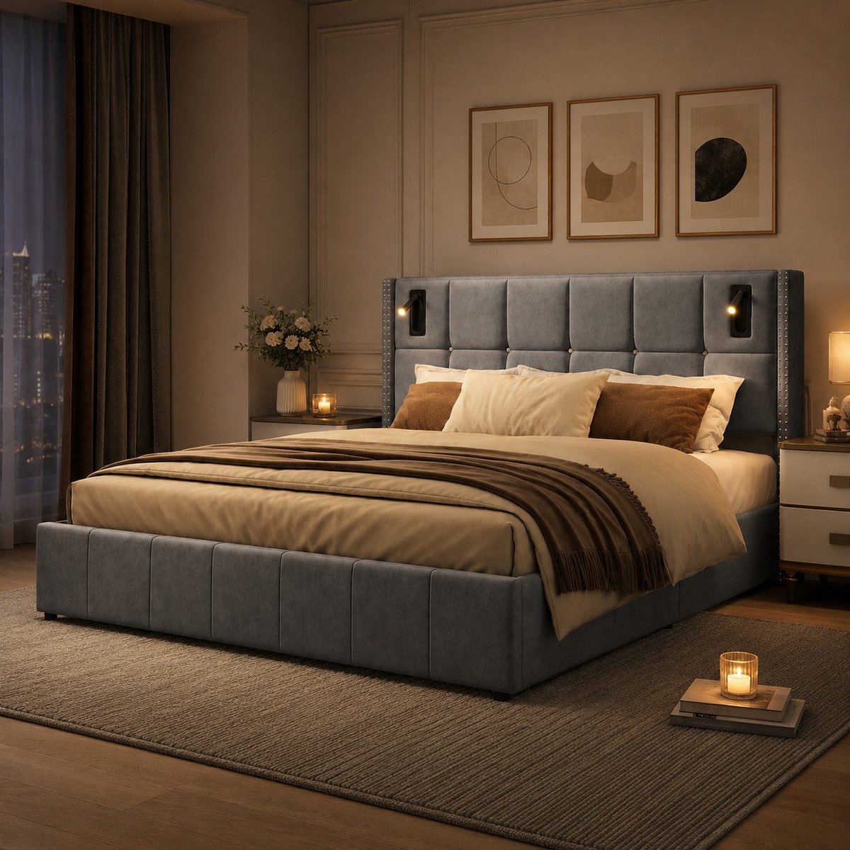 Opbergbed 160x200 cm grijs fluweel met hydraulische opbergruimte, 2 LED-leeslampjes en ges