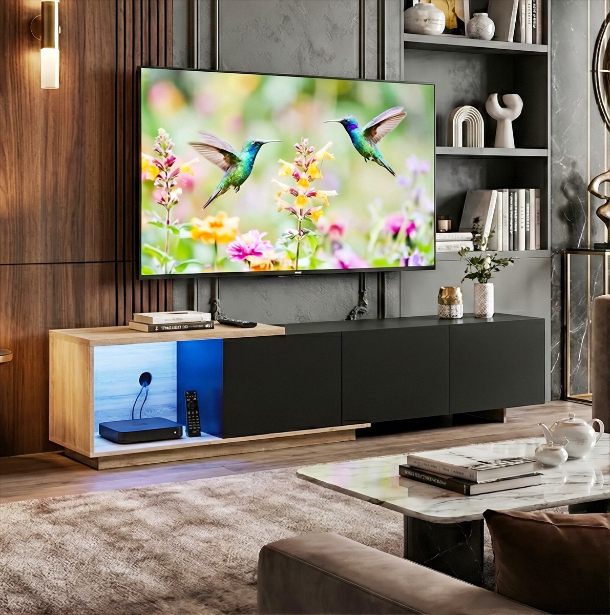 TV-meubel zwart uitschuifbaar met 3 lades, sensorgestuurde LED-verlichting en push-to-open, laag tv-meubel