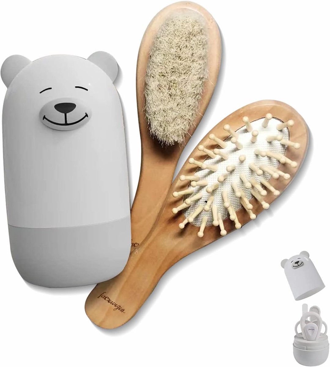 SnelShoppen - Baby 6-in-1 Verzorgingsset, Natuurlijke Houten Haarborstel en Kam, Nagelschaar, Vijl en Tweezers voor Kinderen en Pasgeborenen in Schatt