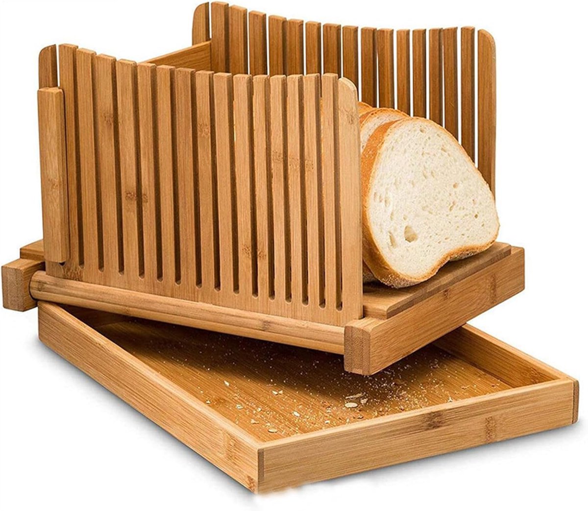 Thijox - Bamboe Broodsnijder Opvouwbaar met Kruimelvanger, Snijmachine voor Zelfgemaakt Brood, Inclusief Snijplank en Mes, Ideaal voor Keuken, Feest e