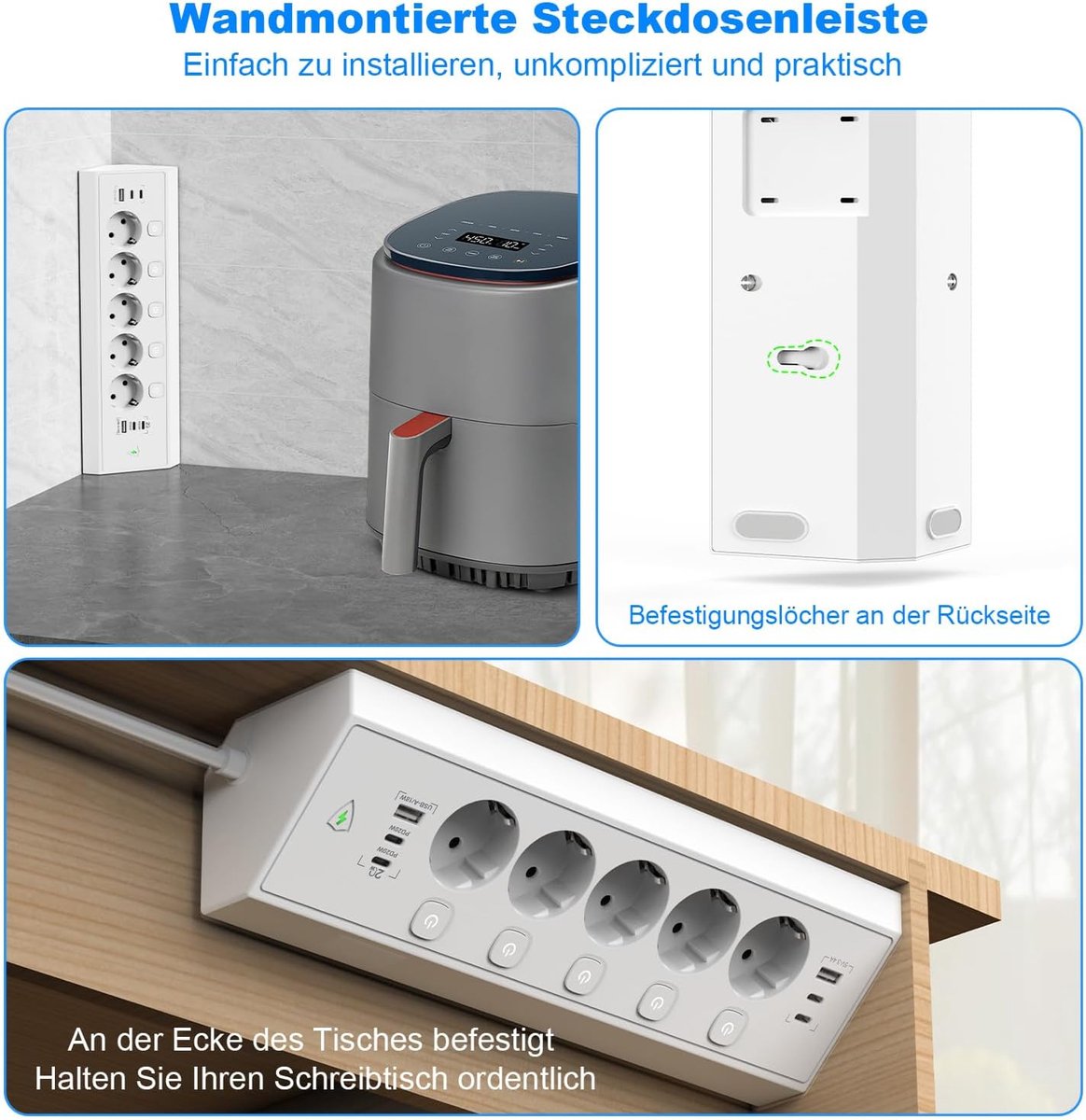 Thijox - Hoekstopcontact met USB C 20W, 5-voudig Meervoudig Stopcontact met Schakelaar, Overbelastingsbeveiliging, Stekkerdoos Bureau 1.8M voor Keuken