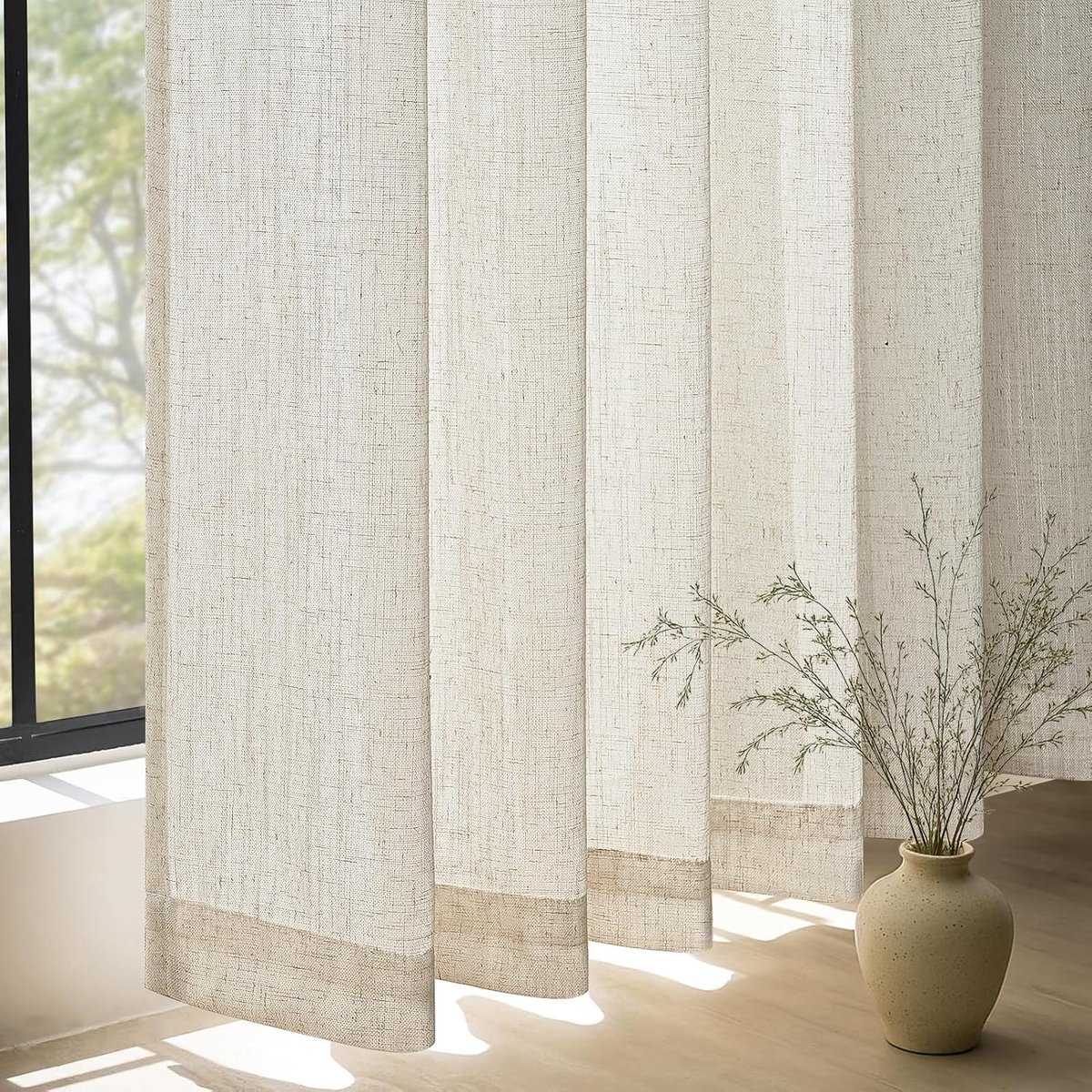 SnelShoppen - Topfinel Gordijnen Plooiband Beige 140 x 245 cm - Modern Boho Linnenlook Half-Transparant Set van 2 voor Woonkamer en Slaapkamer
