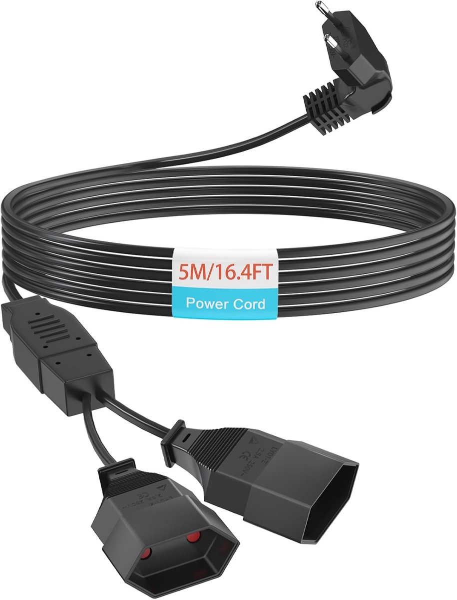 Thijox - Verlengkabel 5m met 2-voudige Eurostekker, Drievoudige Type C-stekker, 0,75 mm², Max. 2,5 A/250 V, Zwart, Ideaal voor TV, PC, Computer, Monit