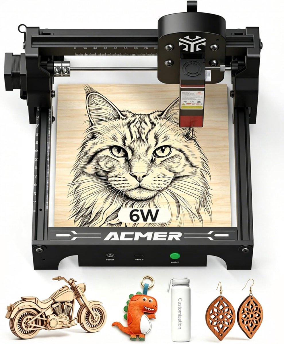 Thijox - ACMER T1 6W Lasergraveermachine - Draagbare Minilaserfrees met 0,01mm Precisie - Graveerapparaat voor Hout, Leer, Glas, Metaal - Werkgebied 1