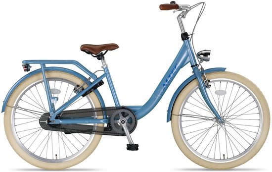 Blauwe Altec kinderfiets met bruin zadel en handvatten, bagagedrager en crème banden.
