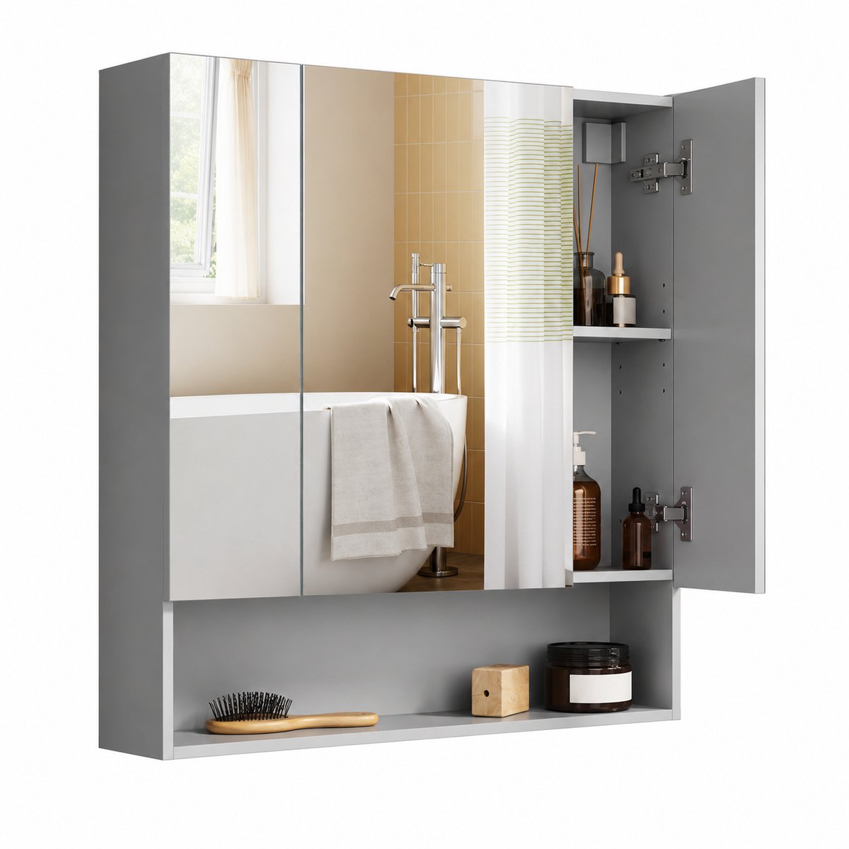 Home & Beyond® Badkamerspiegelkast met Spiegeldeuren en Verstelbare Planken - Wandkast - Lichtgrijs - 70 x 15 x 75 cm