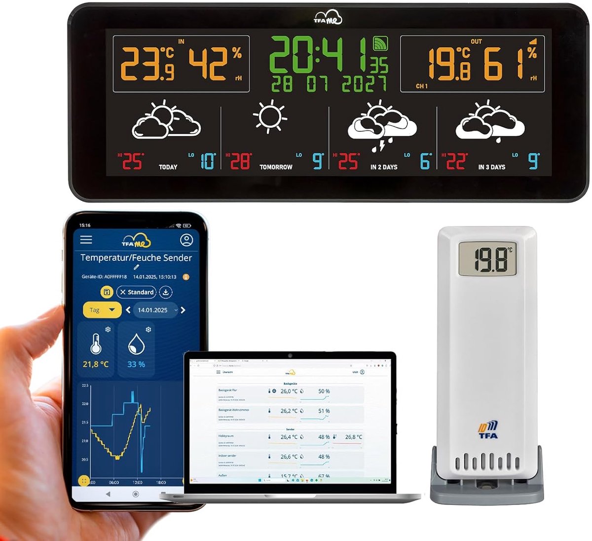 Thijox - WLAN Draadloos Weerstation TFA.me ID-07 - Professionele Weersvoorspelling, Buitensensor, Max.-Min.-Waarden, Waarschuwingsfunctie, Compact Ont