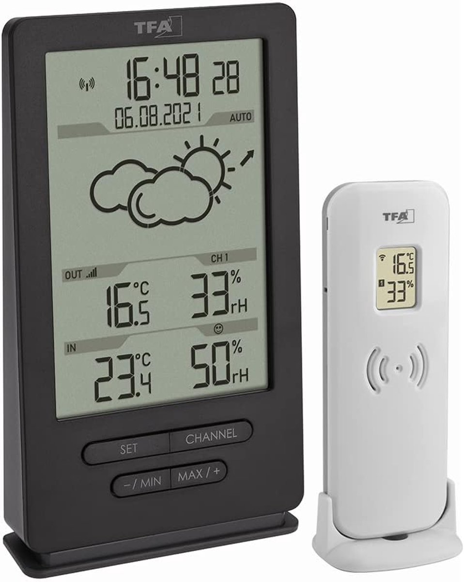 Thijox - Draadloos Weerstation met Weersvoorspelling en Binnen-Buiten Klimaatmeting, Temperatuur en Luchtvochtigheid, Slank Design, Antraciet, Perfect