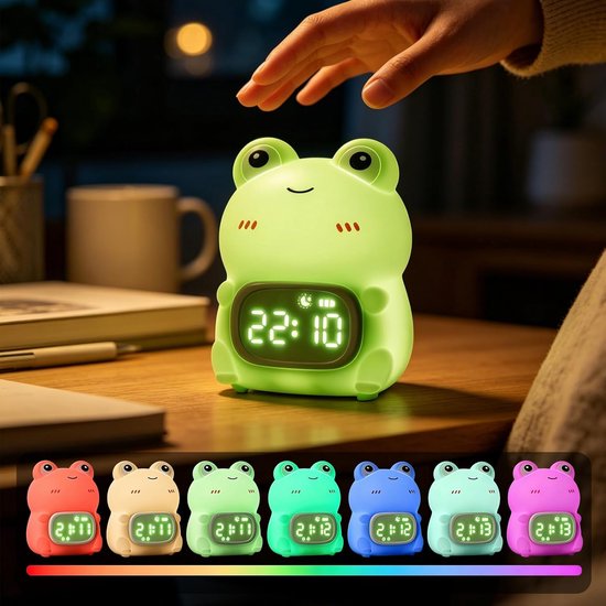 Cute Frog Alarm Clock, 7 RGB Color with Adjustable Delay and Soft Light, Cartoon Style Desktop Clock, Suitable for Bedrooms and Children's Rooms, Best Gift for Boys and Girls — afbeelding 4