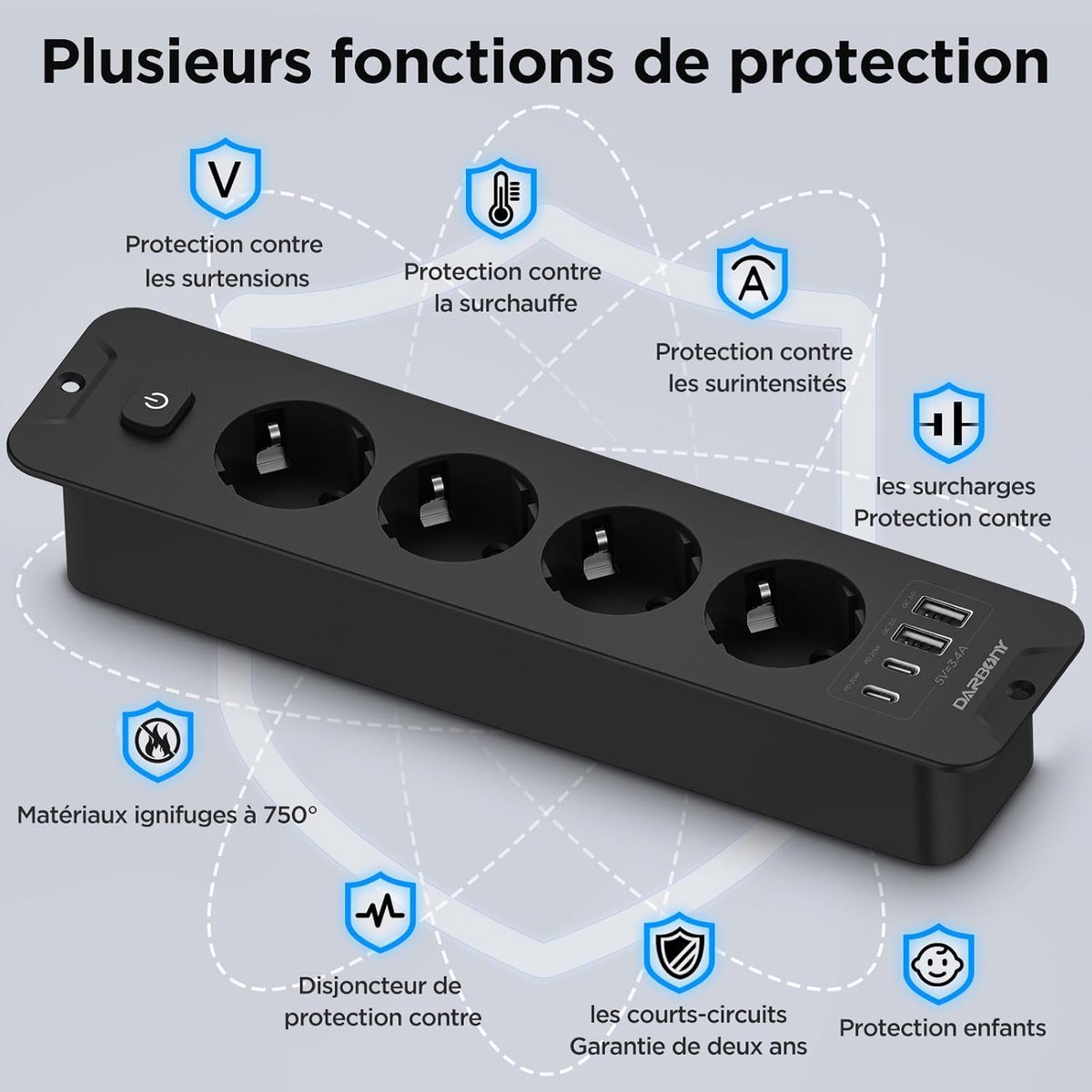 Thijox - Inschuifbaar stopcontact 4-voudige stekkerdoos met 2 USB-C en 2 USB-A, 4000 W 16 A inbouwtafelstopcontact, zwarte verdelerstopcontact met 2 m