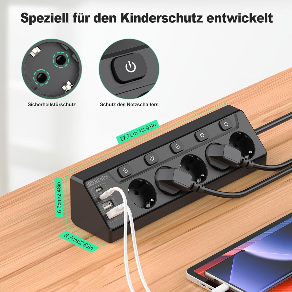 Thijox - Hoekstopcontact met USB, 5-Voudig Stekkerdoos met Schakelaar, 2 USB en 2 Type-C, 9-in-1 Overspanningsbeveiliging, 2m Kabel, Zwart voor Thuis,