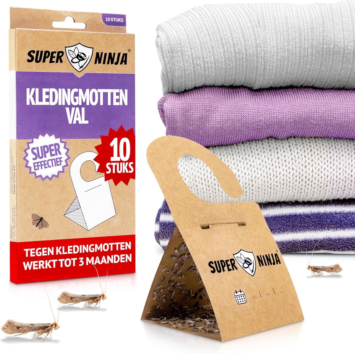 Thijox - Super Ninja Kledingmotten Monitoringsval 10-Pack - Niet-Giftige Mottenval met Feromoonlokstof voor Kledingkast, Tapijten & Lades, Werkt tot 3