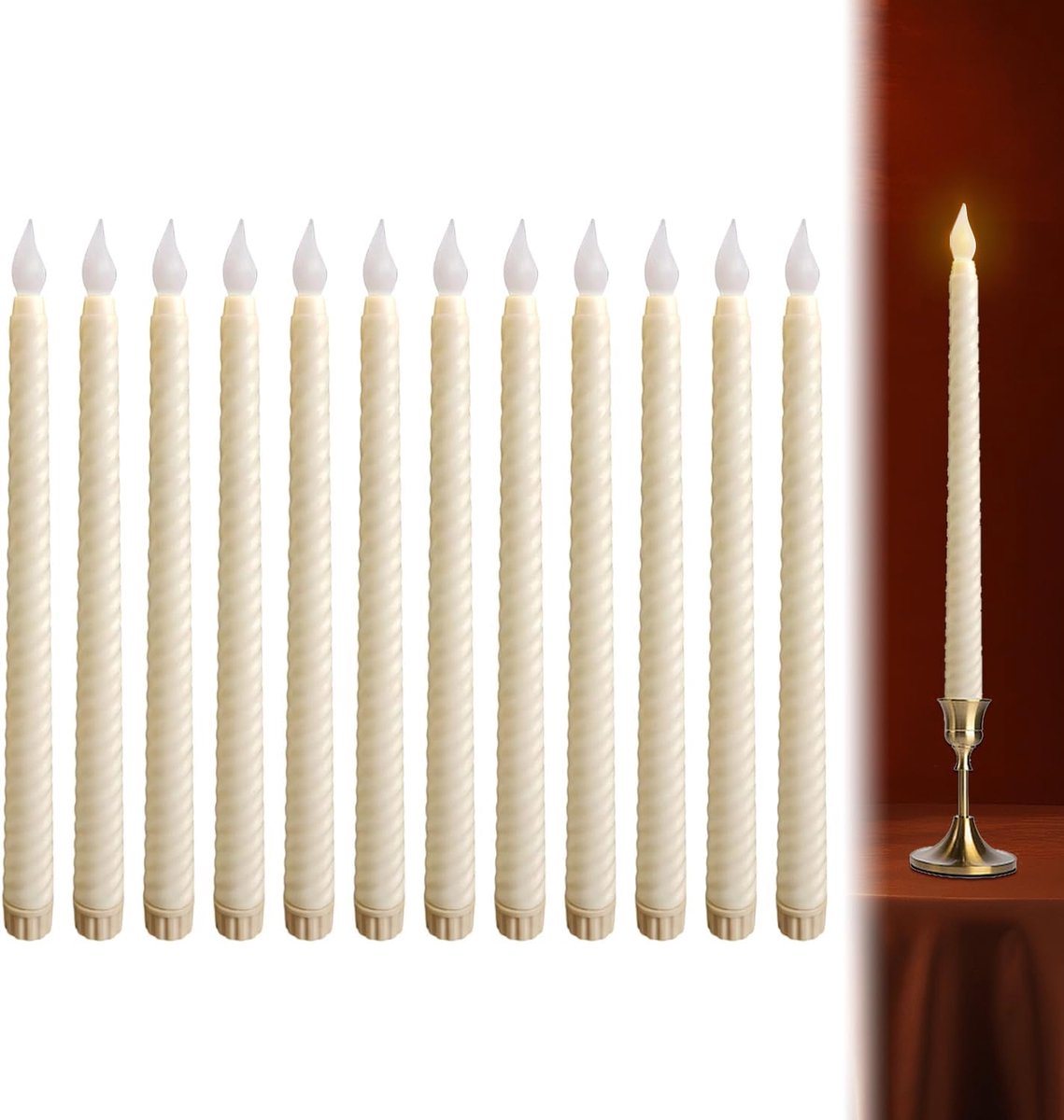 Thijox - Set van 12 Ivoorkleurige LED-Staafkaarsen met Flikkerende Vlam, Echte Was-Look, Vlamloze Decoratie voor Kerstmis, Bruiloft en Feest