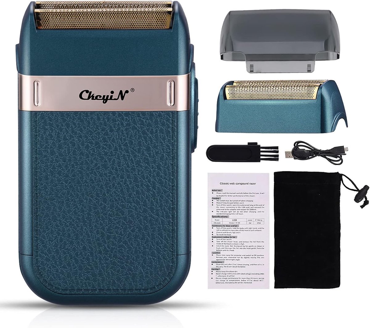 Thijox - Oplaadbaar Scheerapparaat voor Mannen met Twee Koppen, Baard- en Lichaamstrimmer, Hypoallergeen, USB, Blauw voor Dagelijks Gebruik zonder Kab