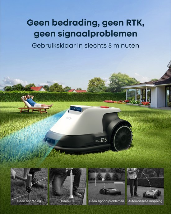 eufy Robotgrasmaaier E15 - Draadloos - Zonder RTK - Geen signaalproblemen - 5-Minuten-setup - Automatische mapping tot 800 m2 - Obstakelvermijding - Ride-On Edge - Bediening via app - Met regenkap