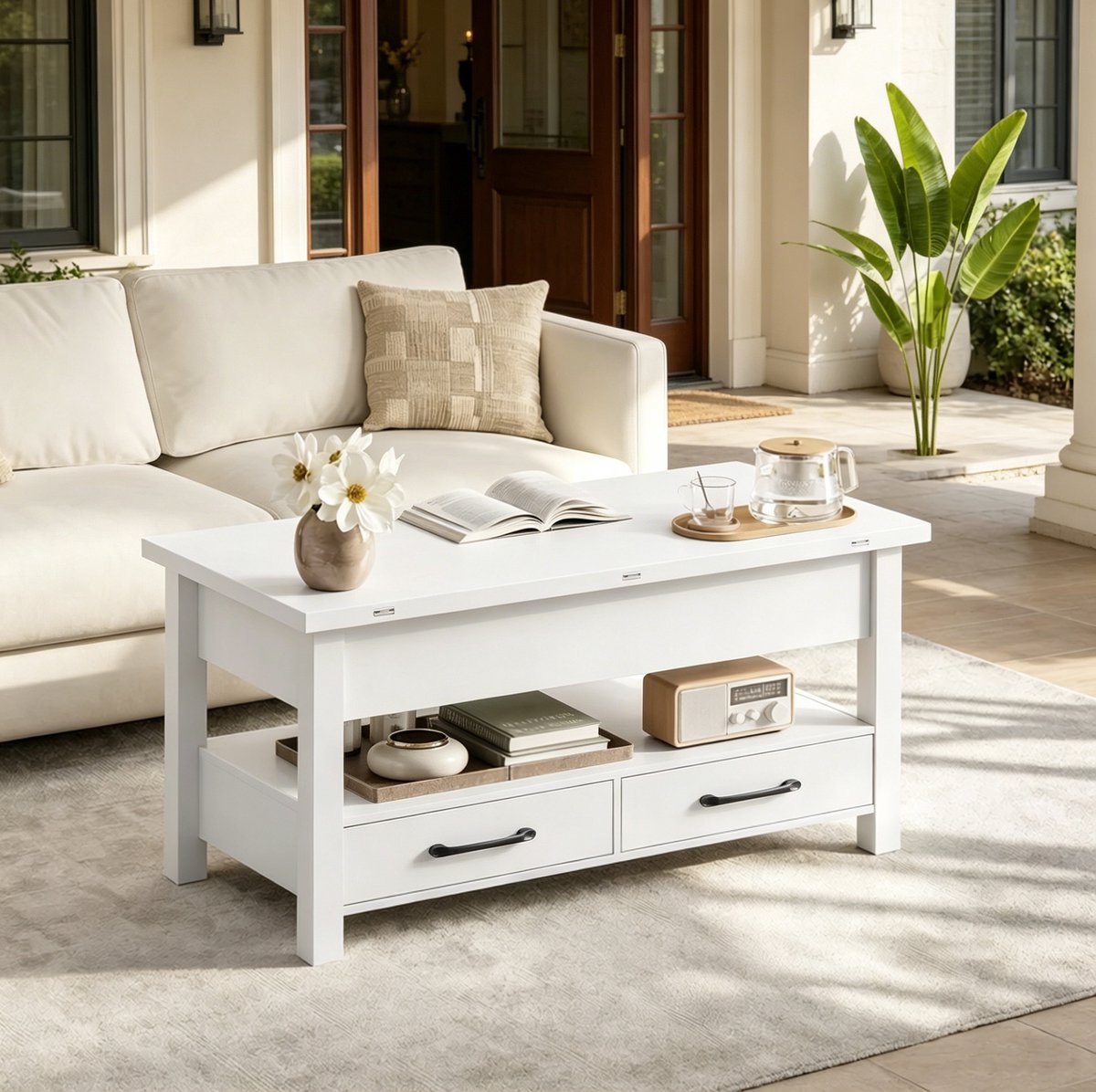 OKWISH Salontafel - Lift-Top En Uitschuifbaar - 2 Lades En Open Opbergruimte - Voor Wonen, Eten En Werken - Metaal En Wit - 100x50,5x53 cm
