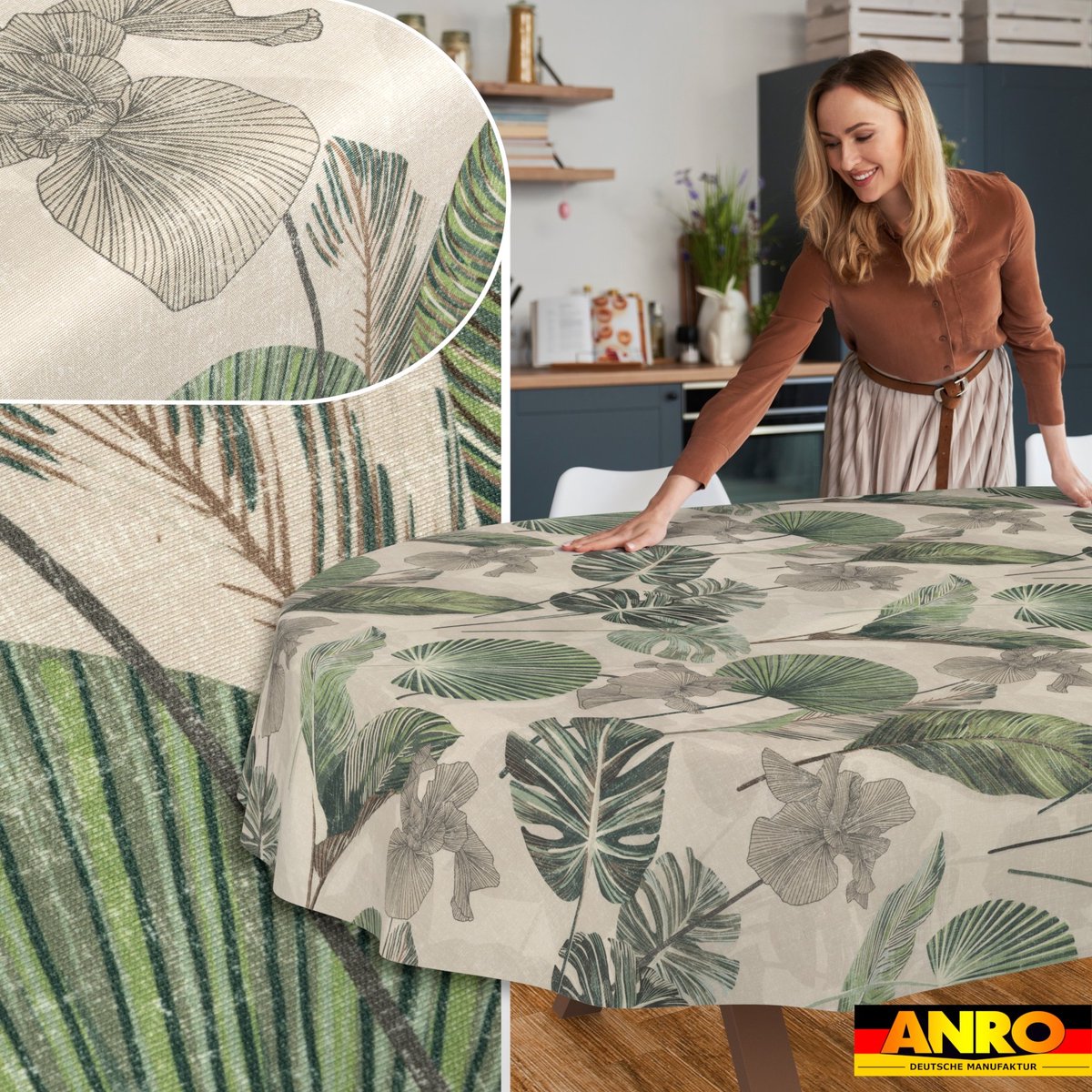 ANRO Tafelkleed Bloemenornamenten Beige Rechte rand Afwasbaar