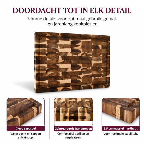 Acacia kopshouten snijplank met diepe sapgeul, geïntegreerde handgrepen en 3.5 cm dikte.