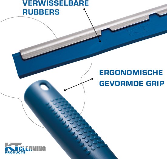 Blauwe raamwisser met verwisselbare rubbers en ergonomische grip.