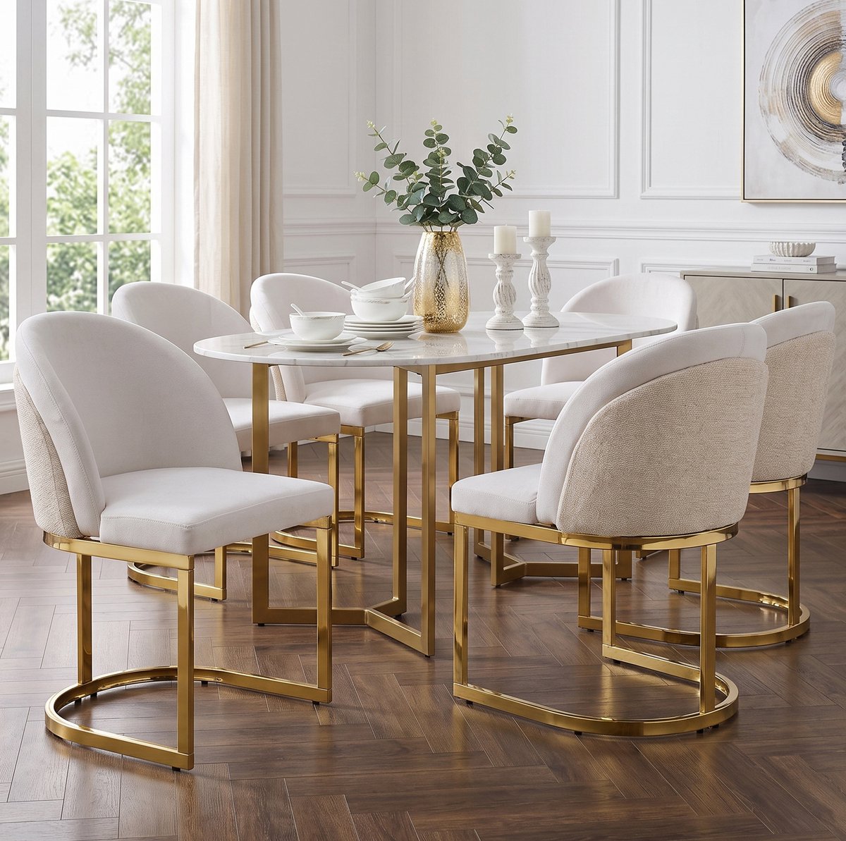 STILVORA Eetkamerstoel - Set Van 6 - Dubbele Rugleuning Met Comfortabele Zitting - Voor Eetkamer En Woonkamer - Chenille Beige En Goud