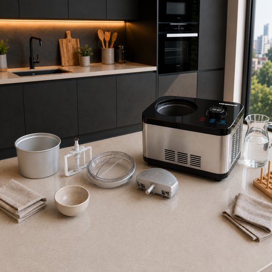 Heinner SweetFreeze IJsmachine - 120 W - 1,5 L - Ingebouwde Compressor - LED-display - Touchbediening & Draaiknop - IJs-, Yoghurt-, Meng- & Koelfunctie - Uitneembare IJskom - Zwart/RVS van Heinner — afbeelding 5