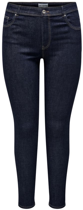 Donkerblauwe skinny jeans met stiksels en knopen aan de voorkant.