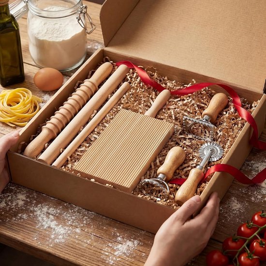 7-delige pastamachine - Wooden Gnocchi Pasta Shelf - Home Pasta Machine - ravioli snijder -ravioli set 3 stuks rond -vierkant stempels en snijder -gemaakt van hout en metaal — afbeelding 3