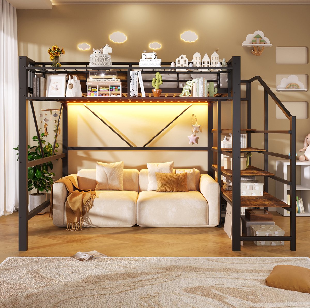 OKWISH Hoogslaper 140x200 cm - Met Ledverlichting en Traprek - Open Opbergruimte en Opbergmand - Voor Slaapkamer - Metaal en MDF - Zwart - Zonder Matras