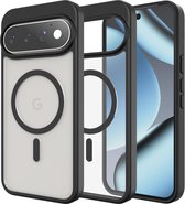 Zwarte hoes met doorschijnende achterkant, MagSafe-ring en camera-uitsparing voor Google Pixel.