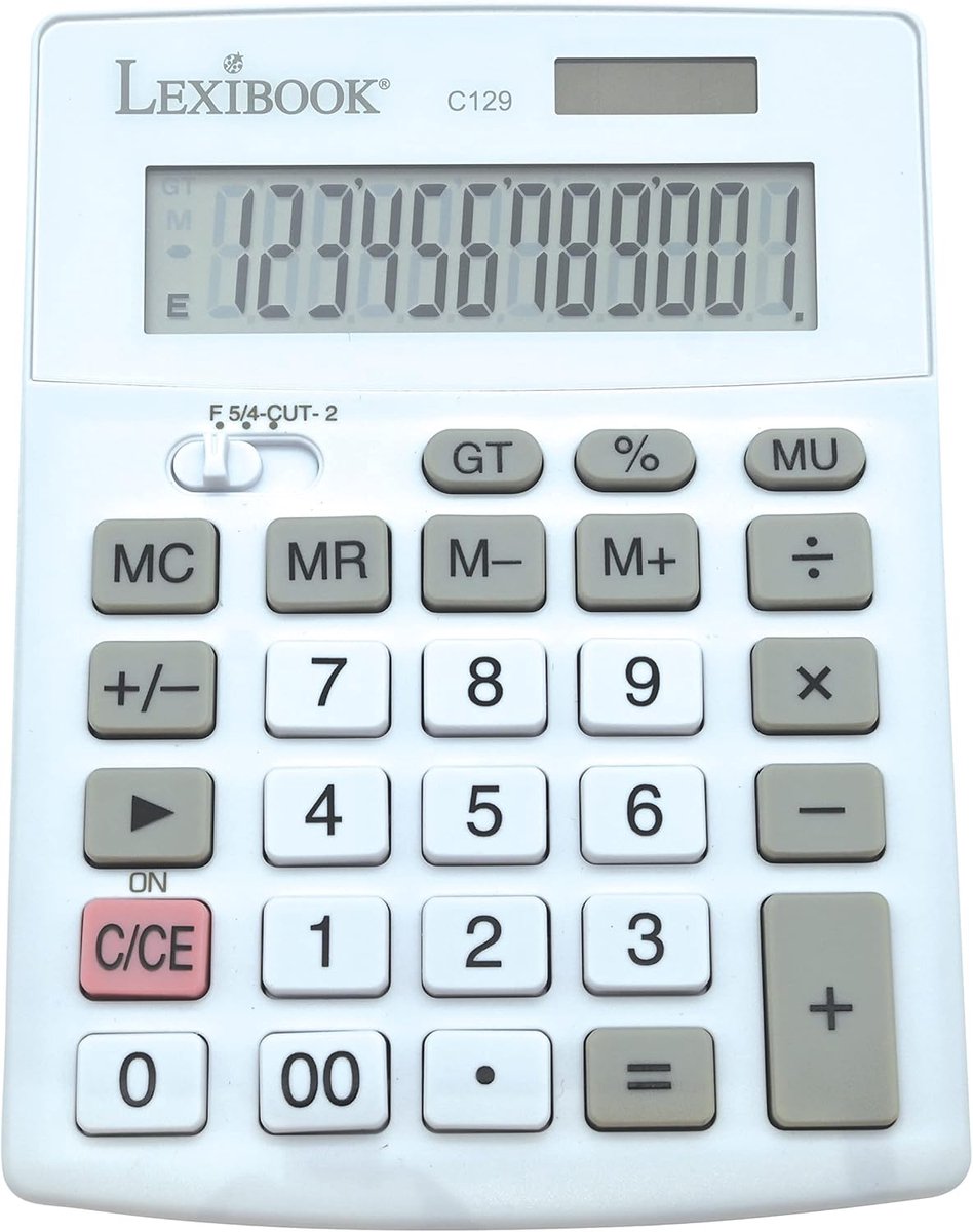 Thijox - 12-cijferige bureaucalculator met LCD-scherm, grote toetsen, zonne-energie en batterijen, 8 functies, wit/grijs, geschikt voor kantoor en stu