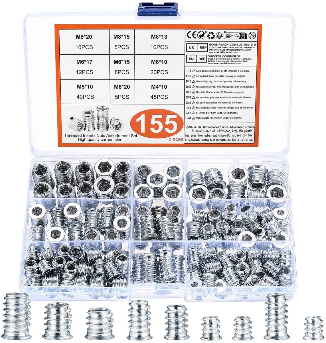 Complete Set van 155 Draadmoeren en Houtinvoeren M4/M5/M6/M8 voor Meubelmontage, Inclusief Schroefmoeren en Insteekmoeren voor Houten Meubels
