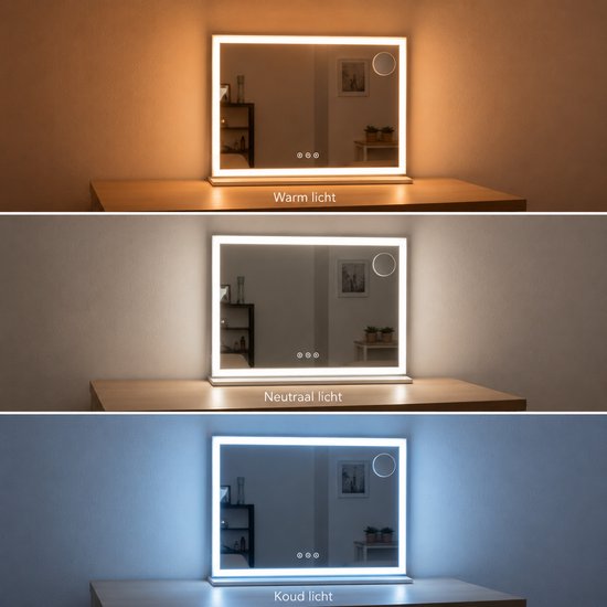 Drie afbeeldingen van een OMNIEXA make-upspiegel met LED-verlichting, die warm licht, neutraal licht en koud licht tonen.