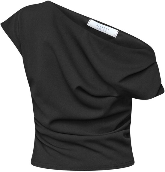Zwarte one-shoulder top met label 'SISTERS POINT' aan de achterkant, gedrapeerde details op de schouder en gerimpelde zijkant.