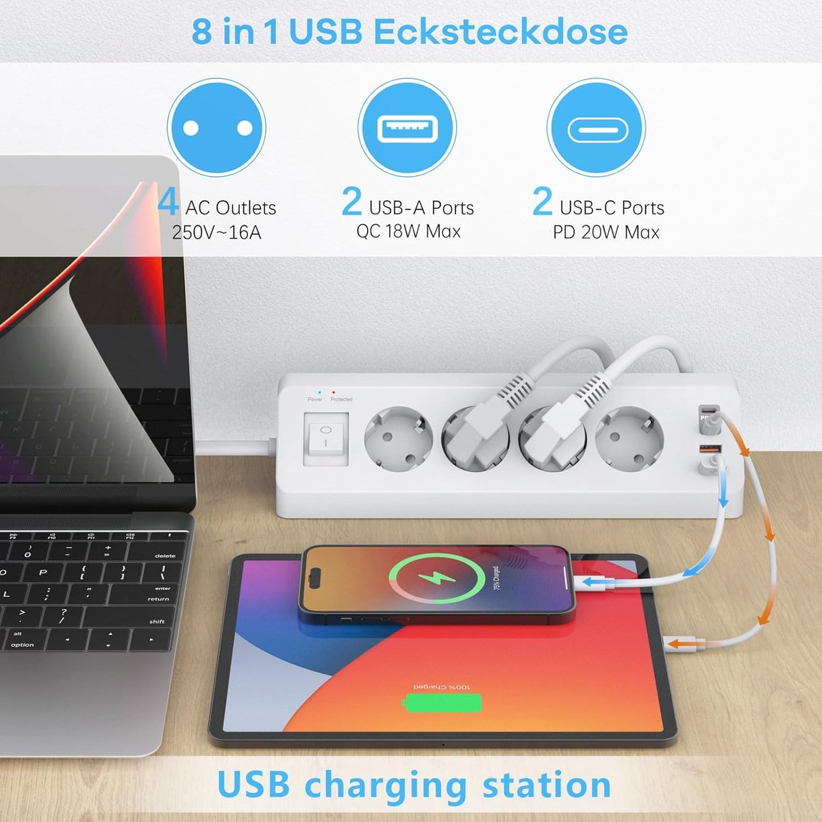 Thijox - 4-voudig hoekstopcontact met USB C (PD 20W), 8-in-1 stekkerdoos met schakelaar, overspanningsbeveiliging, 2 meter kabel, wit voor keuken en m