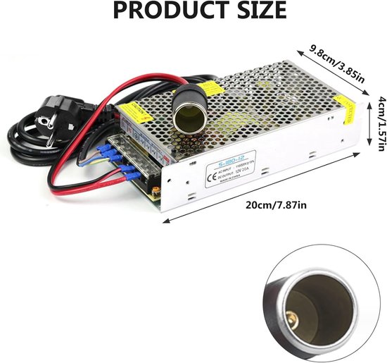 Thijox - Auto-voedingsadapter 220V naar 12V 20A 240W netadapter voor koelbox, autostofzuiger, compressor, sigarettenaansteker-bus, vlamvertragend ABS/ — afbeelding 3