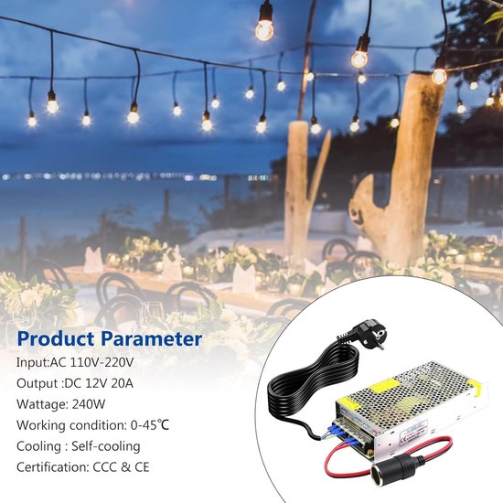 Thijox - Auto-voedingsadapter 220V naar 12V 20A 240W netadapter voor koelbox, autostofzuiger, compressor, sigarettenaansteker-bus, vlamvertragend ABS/ — afbeelding 5