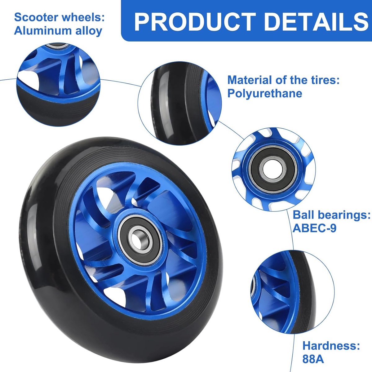Thijox - 100 mm Stuntstep Wielen 2 Stuks met ABEC-9 Kogellagers, Kuipvormige Aluminium Velgen, Hardheid 88A, Reserve Scooterbanden voor Kickscooter, P