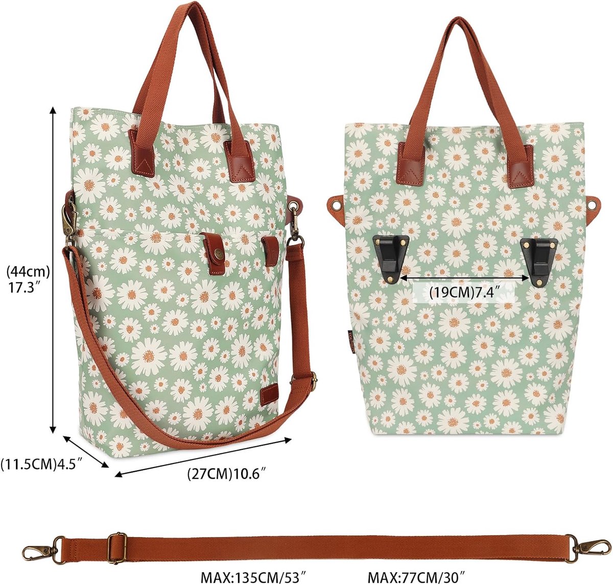 SnelShoppen - Fietstas Dames Shopper Handtas met Telefoonvak en Bloemenpatroon - Waterdicht Nylon en Echt Leer - Ideaal voor Fietsen, Outdoor, Werk