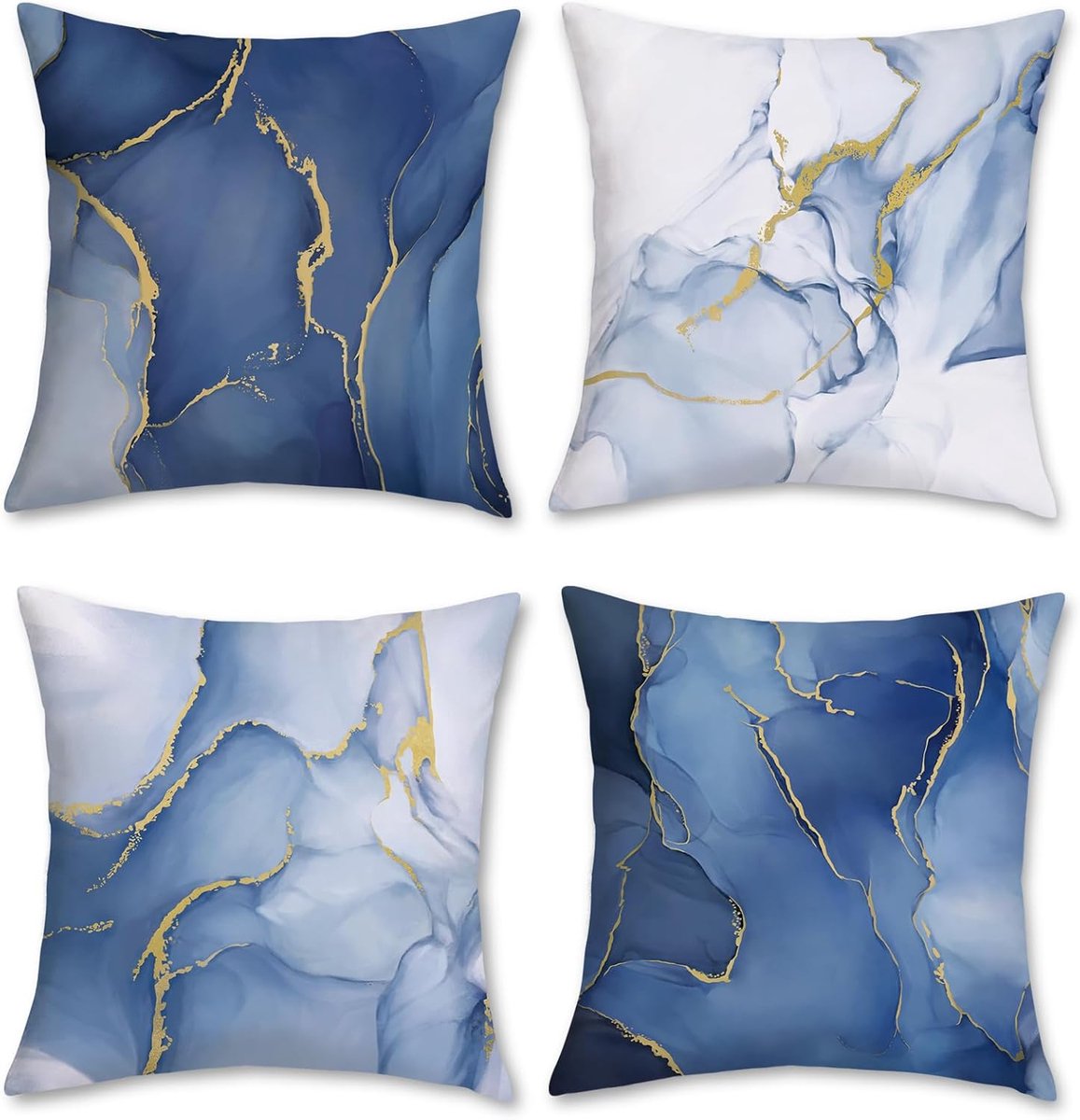 Thijox - Kussensloop Set 4-delig, Marmer Blauw Goud, 45x45 cm, Zacht Fluweel, Decoratief voor Bank, Woonkamer, Slaapkamer, Tuin, Modern Abstract
