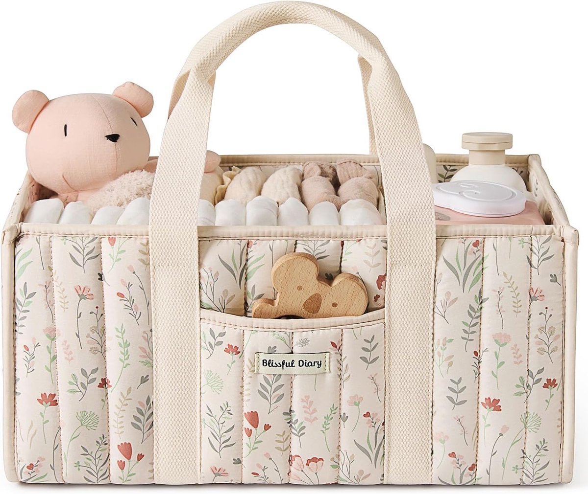 SnelShoppen - Blissful Diary Luiertas Organizer, Stijlvolle Opbergmand voor Nieuweboren, Luierstation, Baby Shower Cadeau, Bloemen Beige, Must-Have vo