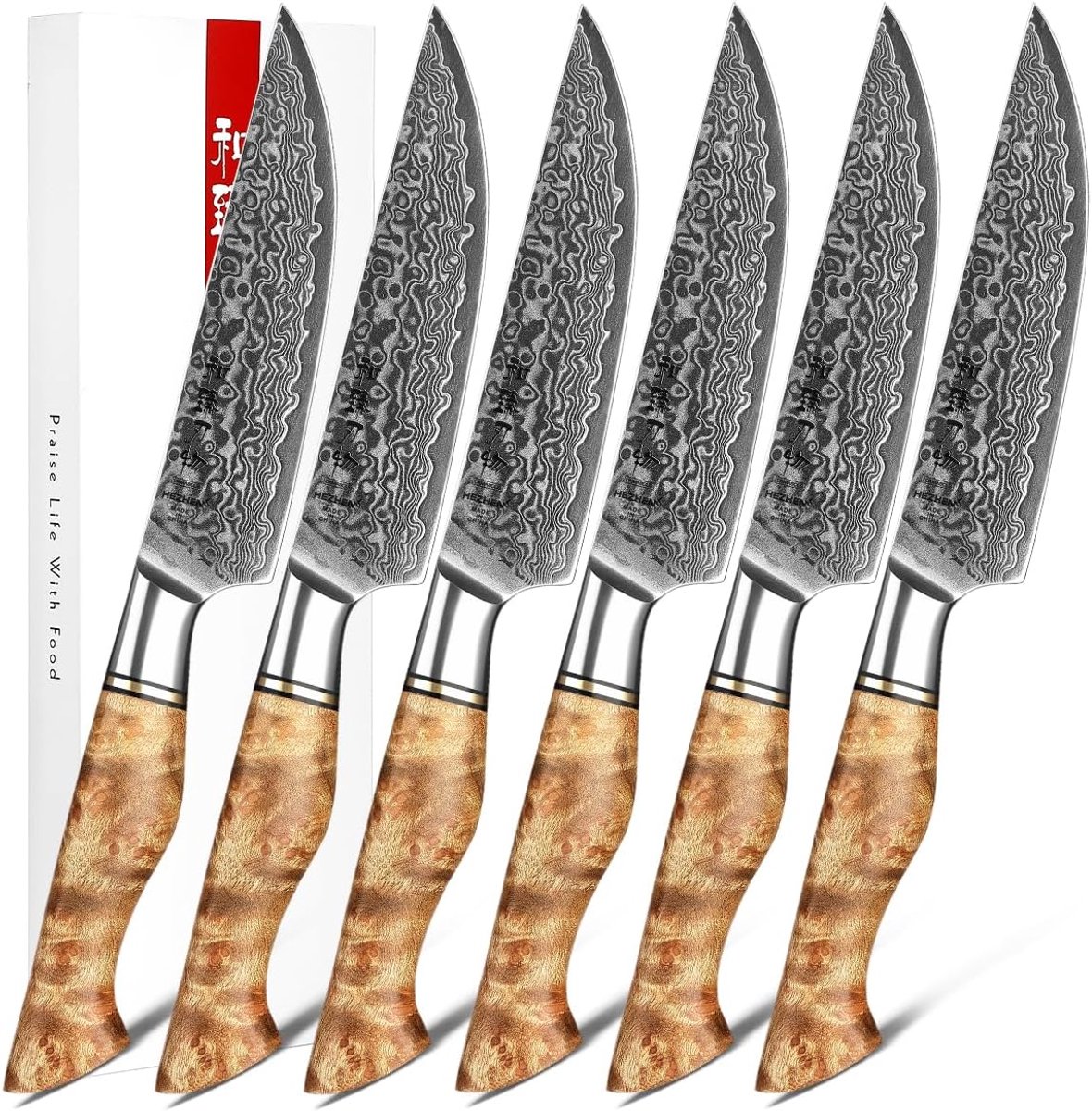Thijox - Damascus Steak Messenset, Professionele Gesmede Tafelmessen met Sycamore Houten Handvat, 6-delig Steak Bestek voor Feest en Keuken