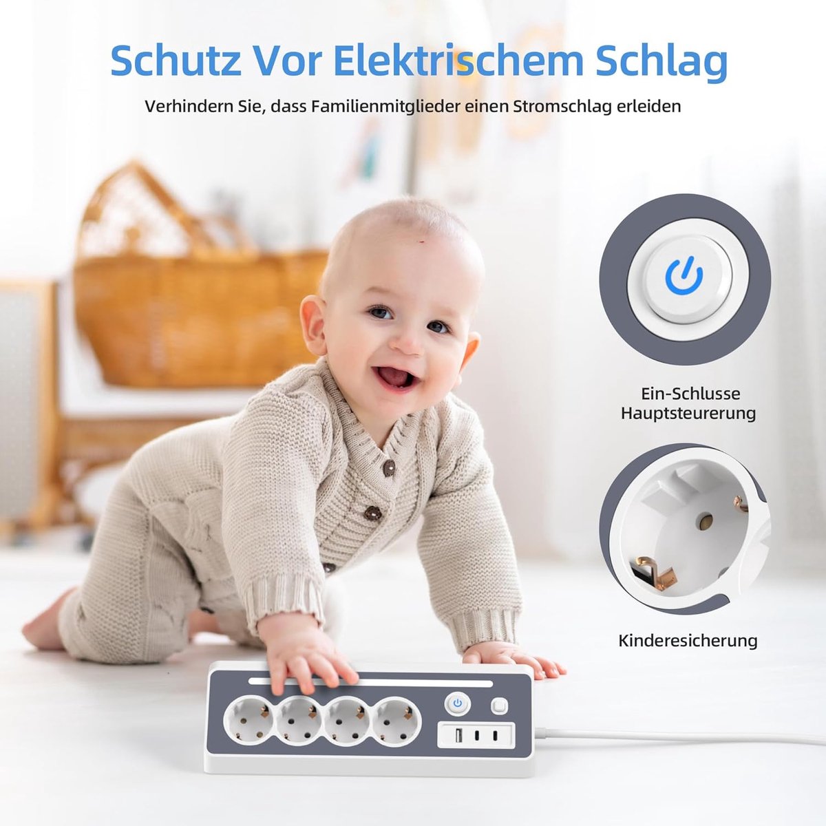 SnelShoppen - Desktop stekkerdoos 4-voudig meervoudig stopcontact met USB en 2 Type-C, 16 A 3680 W hoekstopcontact met 2 schakelaars, overspanningsbev