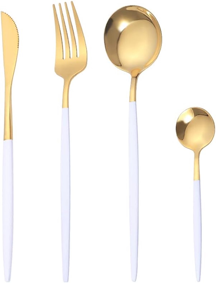 Thijox - 8-delige Roestvrijstalen Bestekset voor 2 Personen - Wit en Goud - Mes, Vork, Lepels en Theelepel - Luxe Platina voor Feest, Keuken en Diner