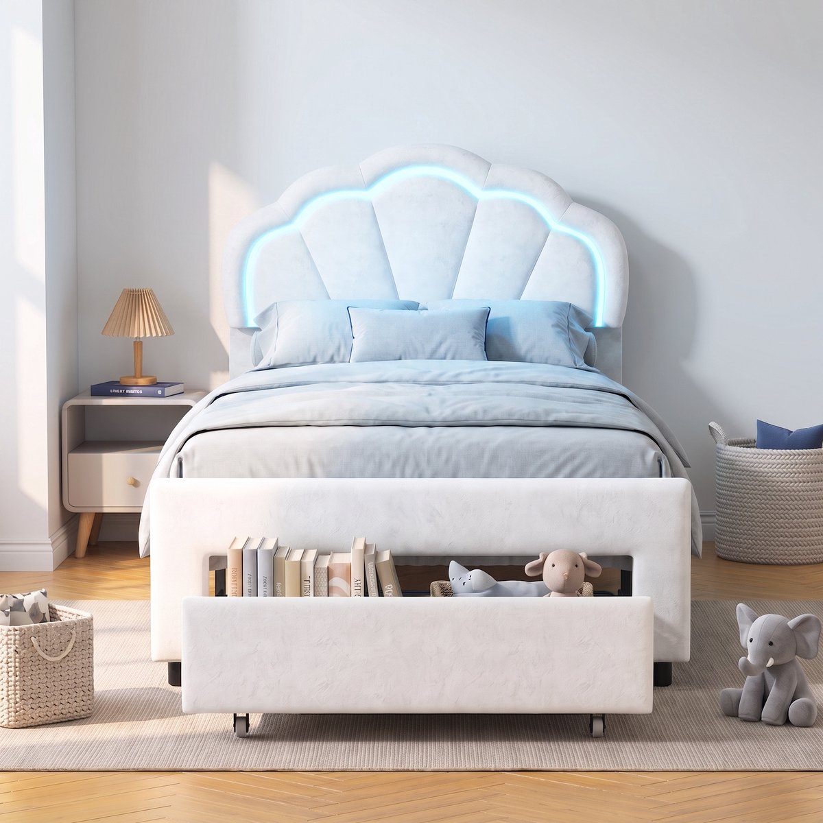 Gestoffeerd Eenpersoonsbed 90x200 cm - Kinderbed met RGB LED en lade - fluwelen bed - schelp design - wit